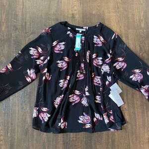 NWT Daniel Rainn Phillis Pleated Mixed Material Dark Floral Top
